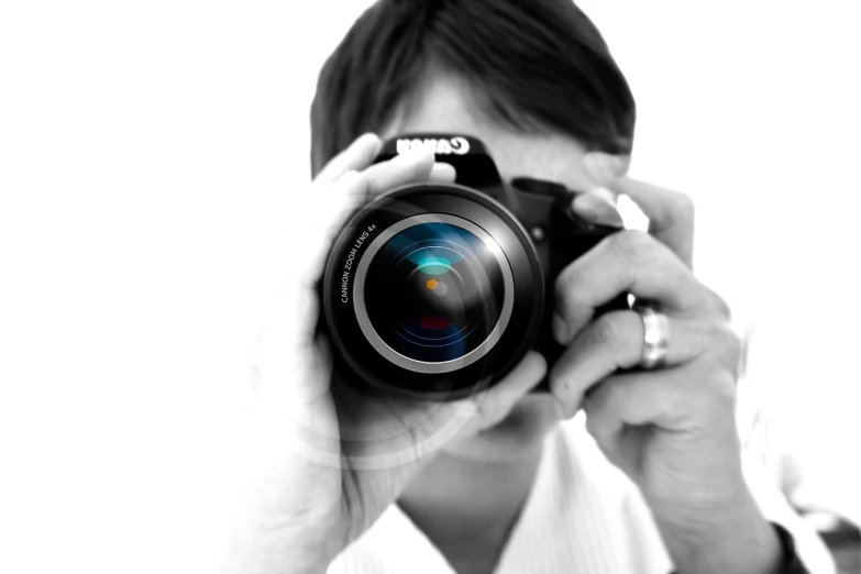 a person taking a picture with a camera, by Ramón Silva, art photography, high - key photography, !! looking at the camera!!, zoom lens, calvin klein photograph