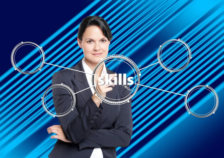 a woman in a business suit standing in front of a blue background, a digital rendering, skill ability art, cool marketing photo, title, training