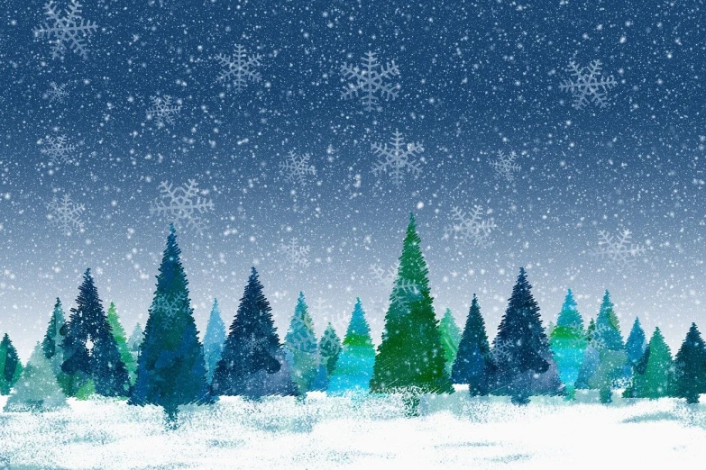 a snowy scene with trees and snow flakes, inspired by Arthur Burdett Frost, shutterstock, fine art, painted in high resolution, vertical wallpaper, painterly illustration, evergreen