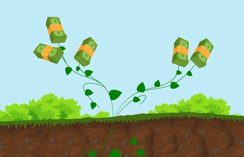 a plant with money growing out of it, concept art, by Goro Fujita, shutterstock, conceptual art, swinging on a vine over a chasm, flat background, plants and grass, banknote