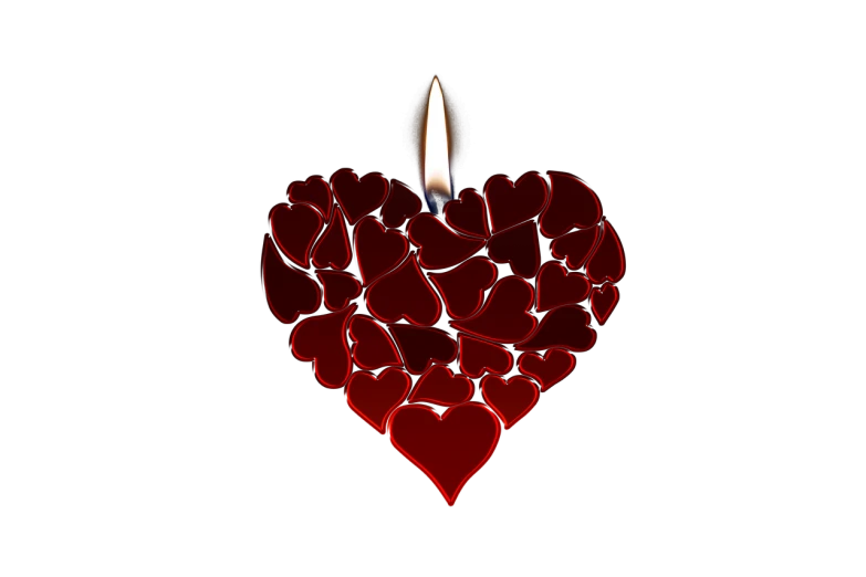 a lit candle in the shape of a heart, a digital rendering, hurufiyya, many hearts, arson, an illustration, full length shot