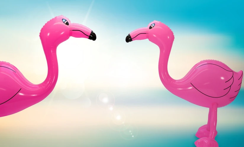 a couple of pink flamingos standing next to each other, digital art, by Hans Schwarz, shutterstock, figuration libre, inflatable, website banner, 🕹️ 😎 🔫 🤖 🚬, pool tubes