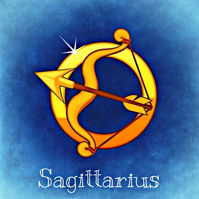 a picture of a zodiac sign on a blue background, sots art, scimitar, higher detailed illustration, full color illustration, arrow