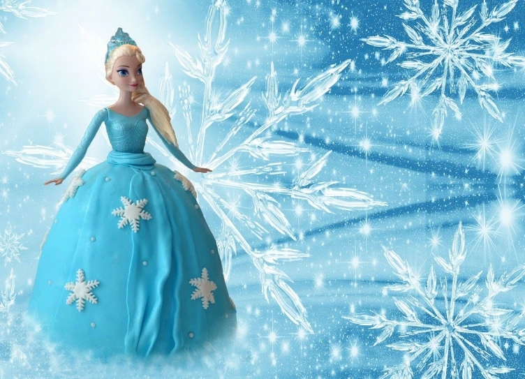 a frozen princess in a blue dress surrounded by snowflakes, trending on pixabay, cake, pristine quality wallpaper, swarovski, toy photo
