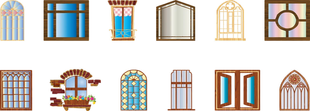 a set of different types of windows and doors, concept art, art nouveau, on a black background, clipart, beautiful screenshot, 4