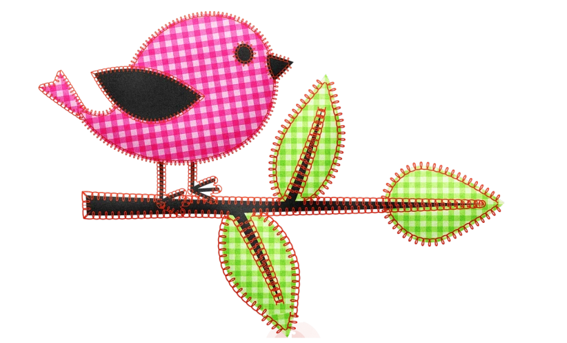 a pink bird sitting on top of a tree branch, a digital rendering, inspired by Paul Bird, pixabay, naive art, patchwork doll, fluo details, checkered motiffs, bright on black