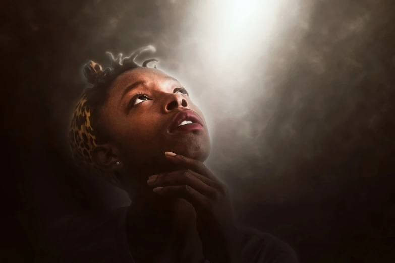 a close up of a person looking up, digital art, inspired by Odd Nerdrum, pexels contest winner, african american young woman, light over boy, prayer, dramatic backlight