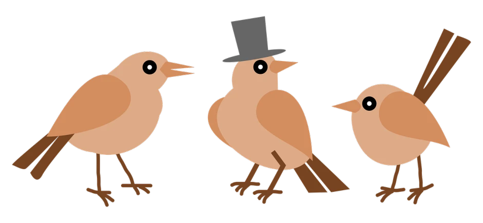a couple of birds standing next to each other, an illustration of, inspired by Ivan Generalić, trending on pixabay, wearing a top hat, three views, brown, sprite sheet