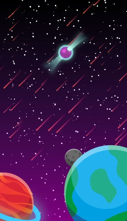 a couple of planets that are in the sky, concept art, meteors are falling from the sky, mobile game background, flat illustration, purplish space in background