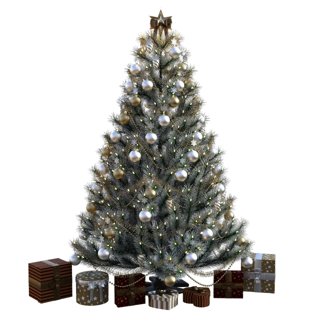 a christmas tree decorated with silver and gold ornaments, a raytraced image, by George Barret, Jr., highly detailed unreal engine, on black background, -h 1024, arnold renderer
