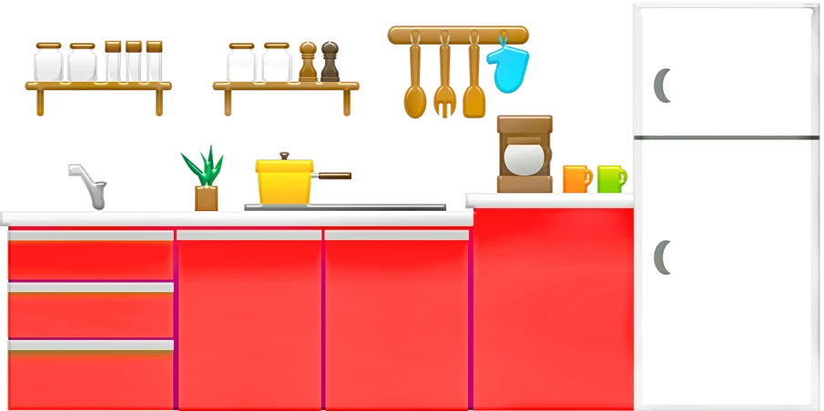 a red and white kitchen with wooden shelves, a digital painting, by Kanbun Master, naive art, black backround. inkscape, life simulator game screenshot, miscellaneous objects, iphone