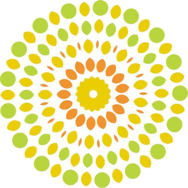 a yellow and green flower on a black background, inspired by Milton Glaser, optical illusion, colorful dots, wheel, yellow and ornage color scheme, arms of lemons