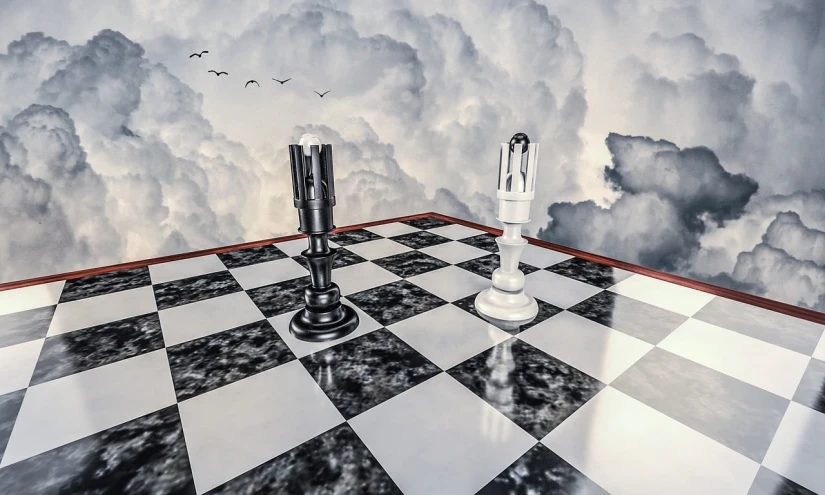a chess board sitting on top of a checkered floor, an ambient occlusion render, by Alexander Kucharsky, trending on pixabay, precisionism, spaceships in the cloudy sky, dramatic duel of the fates, in clouds, bird\'s eye view