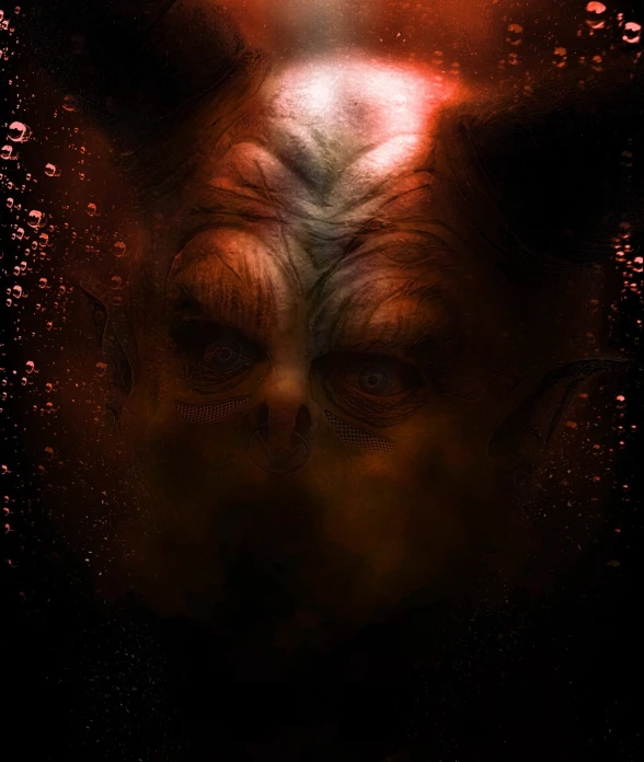 a close up of a person's face in a window, inspired by Jim Burns, digital art, in a underwater horror scene, medium portrait of a goblin, red water, christopher lloyd as belial