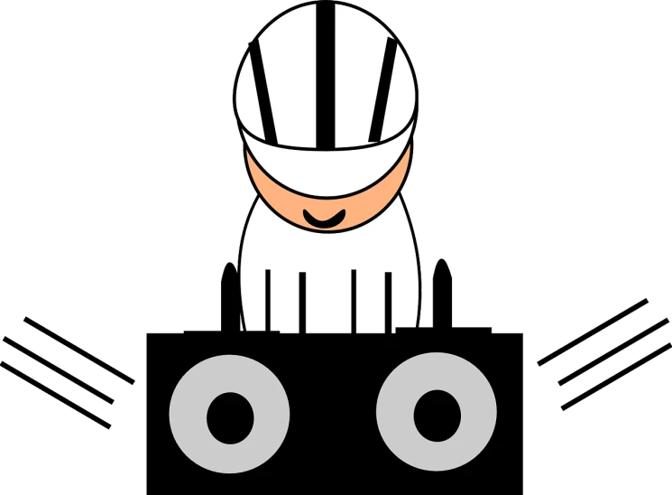 a man in a helmet on top of a radio, a cartoon, inspired by Oskar Schlemmer, pixabay contest winner, purism, twintails white_gloves, dj mixer, race car, big symmetrical eyes of bjork