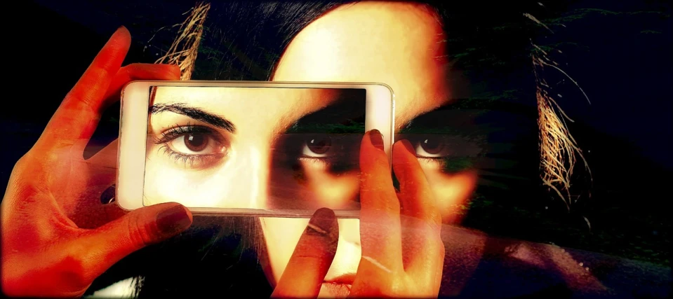 a woman taking a picture of herself in a mirror, a picture, by Lucia Peka, pixabay, digital art, glitch eyes, cell phone photo, maya ali sorcerer, hands shielding face