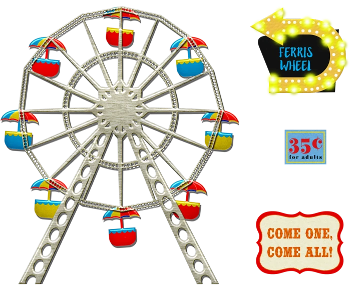 a ferris wheel and some signs on a black background, a screenshot, cutout, fun - w 704, commercial banner, come on