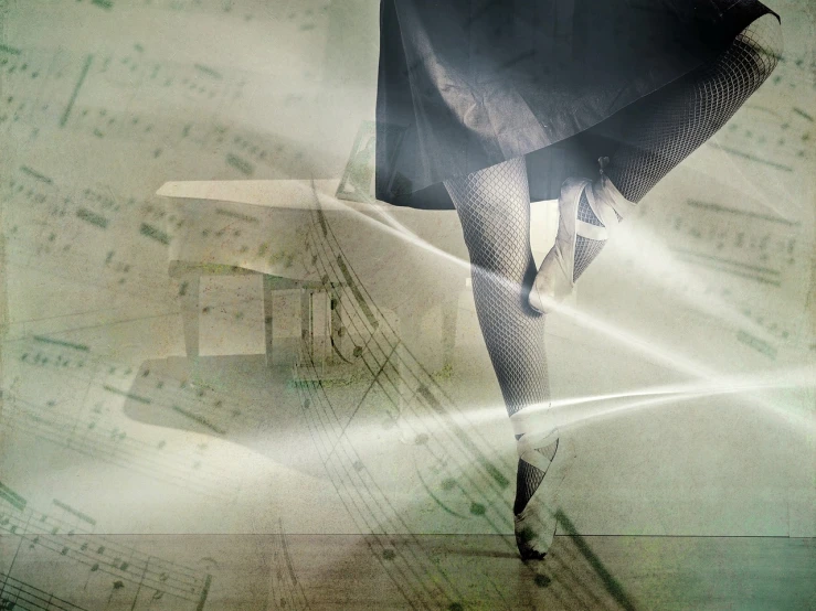 a woman standing on top of a sheet of music, digital art, inspired by Anna Füssli, dynamic closeup composition, dance hall background, close up photograph, steins gate