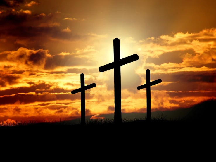 three crosses on a hill with a sunset in the background, shutterstock, high contrast of light and dark, c 4 d ”, dlsr photo, wooden