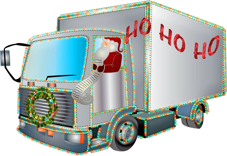 a truck decorated with christmas lights and a santa clause, a digital rendering, by Wayne Reynolds, pixabay, pop art, hermes, full body close-up shot, silver, stock photo