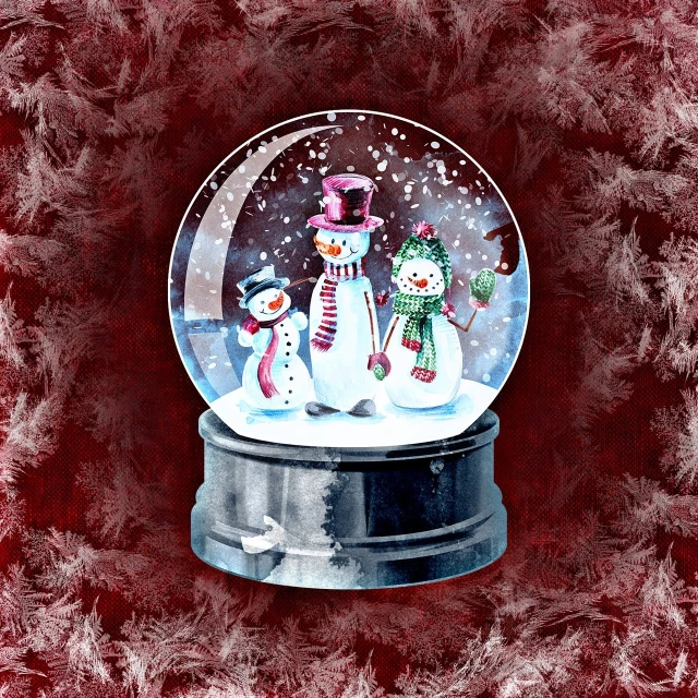 a snow globe with three snowmen inside of it, a portrait, by Elaine Hamilton, pixabay, folk art, watercolor digital painting, glass spheres on a red cube, center view, 🕹️ 😎 🔫 🤖 🚬