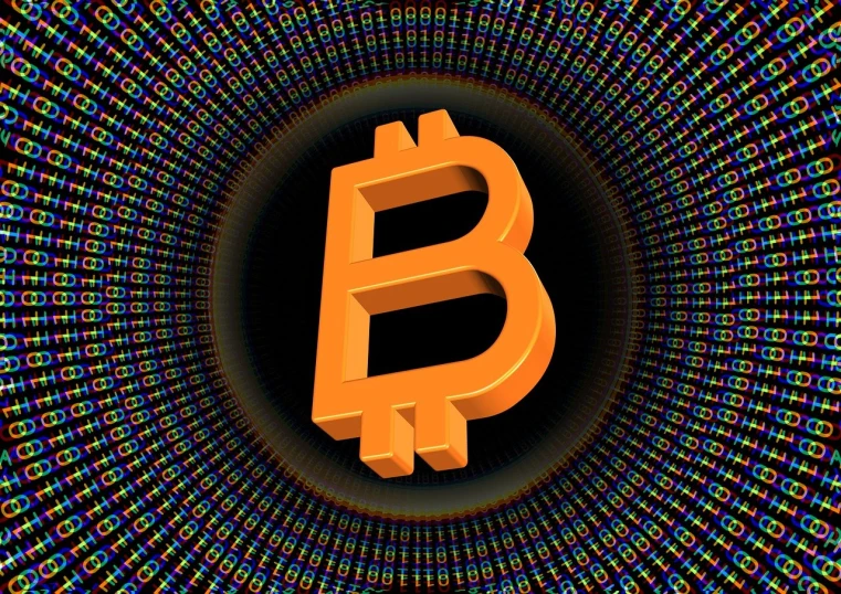 a bitcoin in the middle of a tunnel of binary dots, computer art, discovered photo, high res photo