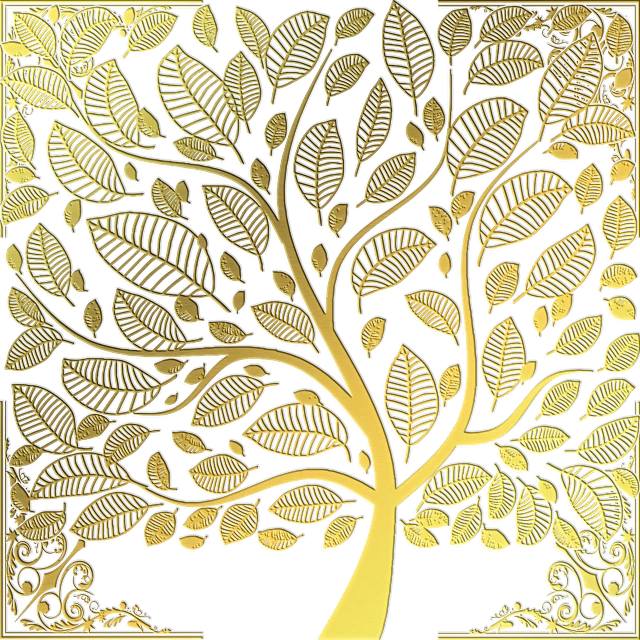 a picture of a golden tree on a black background, vector art, by Bjørn Wiinblad, art nouveau, laser cut, many leaves, decorative panels, clipart