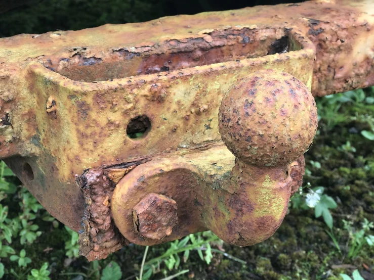 a rusted pipe sitting on top of a lush green field, by Richard Carline, detailed jaw and eyes, bottom body close up, square jaw-line, metalwork