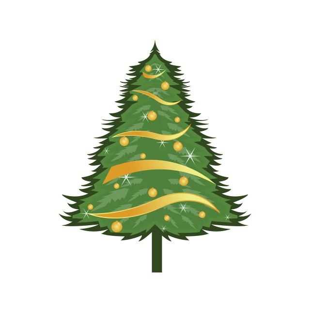 a decorated christmas tree on a white background, an illustration of, shutterstock, art deco, golden ribbons, flat color, dribbble illustration, gold green creature