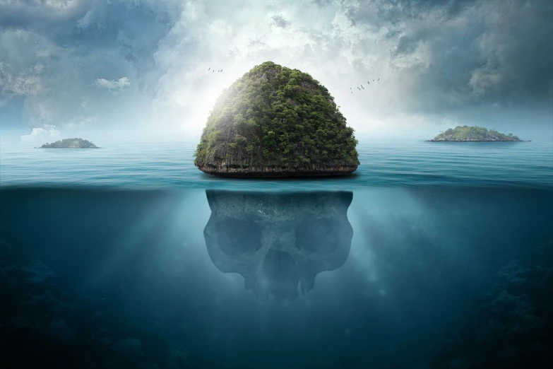 a small island in the middle of the ocean, a detailed matte painting, shutterstock, conceptual art, skull protruding from face, movie poster with no text, closed ecosystem, recognizable