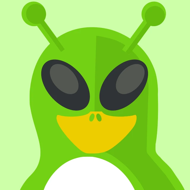 a green alien with black eyes and a yellow beak, vector art, inspired by Android Jones, shutterstock, penguin, flat 2 d design, wikihow illustration, duck themed spaceship