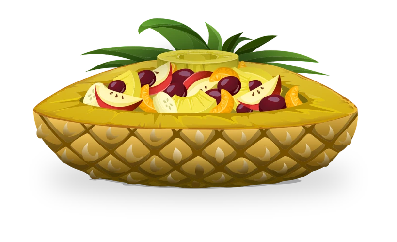 a pineapple filled with fruit sitting on top of a table, an illustration of, by Adam Manyoki, shutterstock, fruit bowl, on a flat color black background, mobile game asset, flan
