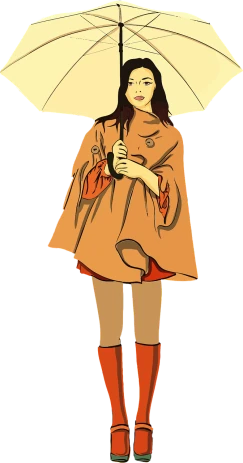 a woman in a raincoat holding an umbrella, concept art, inspired by Torii Kiyonaga, leather boots and cape, flcl, rotoscope, wearing a brown cape