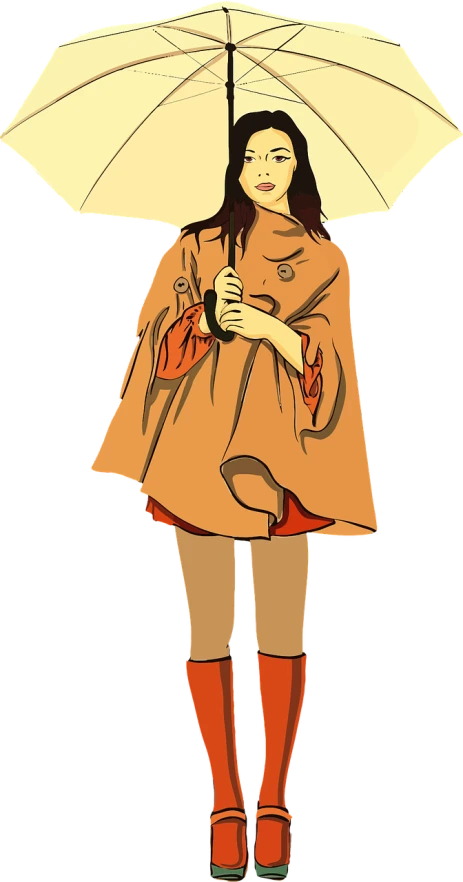 a woman in a raincoat holding an umbrella, concept art, inspired by Torii Kiyonaga, leather boots and cape, flcl, rotoscope, wearing a brown cape