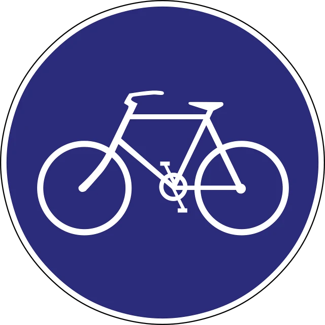 a blue sign with a white bicycle on it, pixabay, circle design, traffic, black, navy
