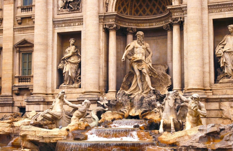 a fountain with statues in front of a building, inspired by Gian Lorenzo Bernini, neoclassicism, 1128x191 resolution, ancient monument waterfall, portait photo, colosseum