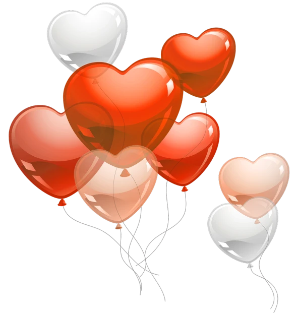 a bunch of red and white heart shaped balloons, a digital rendering, romanticism, amber, scott adams, with a black background, clipart