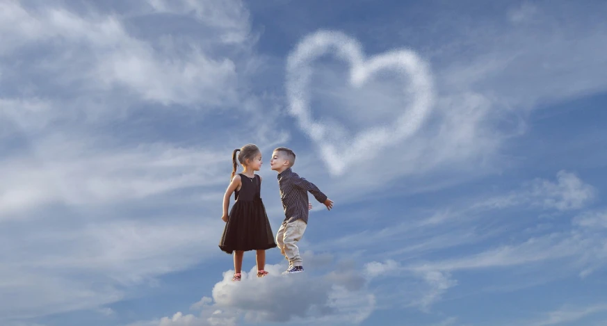 a couple of kids standing on top of a cloud, a picture, by Sylvia Wishart, trending on pixabay, heart effects, avatar image, floating in mid - air, long distance photo