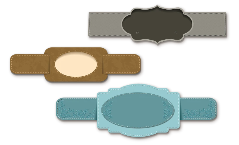 a couple of watches sitting next to each other, a digital rendering, inspired by Masamitsu Ōta, leather belt, sticker design vector, decorative border, brown and cyan color scheme