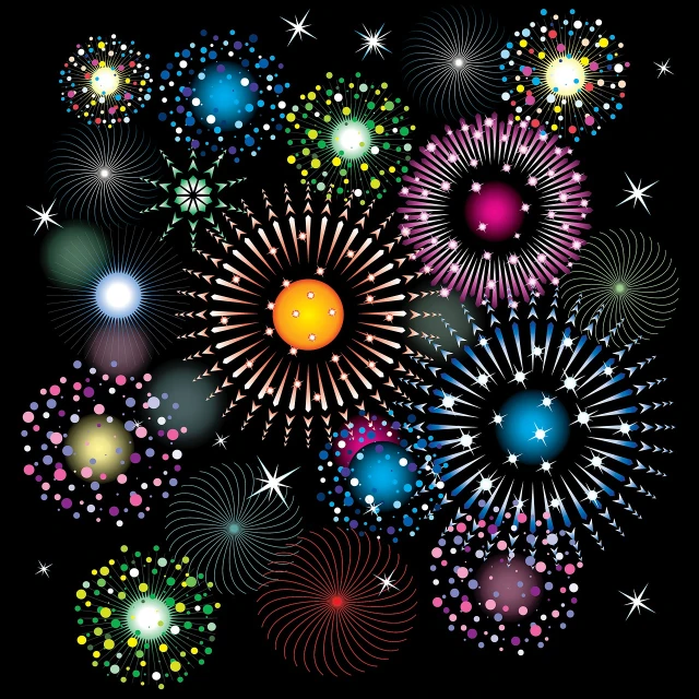 a bunch of colorful fireworks on a black background, vector art, by Kanō Tan'yū, shutterstock, sparkling dark jewelry, complex!!, round, suns and supernovas