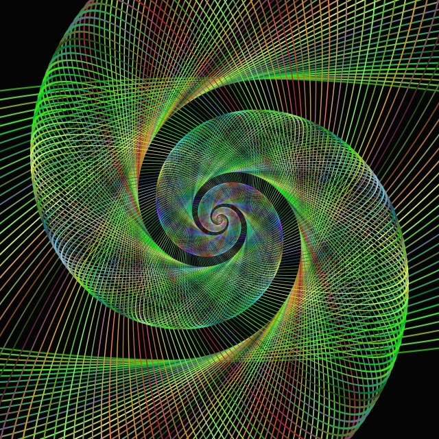 a spiral of colored lines on a black background, digital art, golden ratio illustration, green lines, sacred geometry pattern, grid