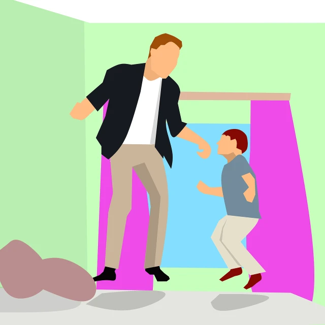 a man standing next to a little boy in a room, an illustration of, conceptual art, trying to escape, colorful illustration, about to step on you, exiting store