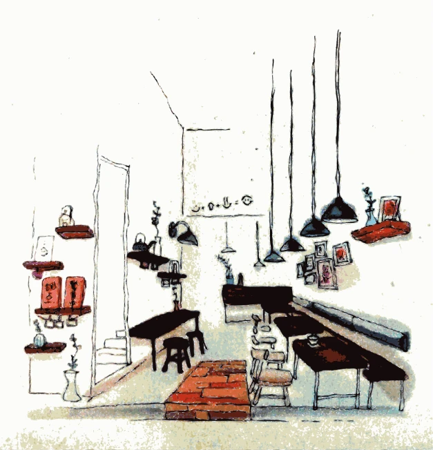 a drawing of a living room filled with furniture, an illustration of, modernism, ink and watercolor illustration, cafe, lighting, set photo