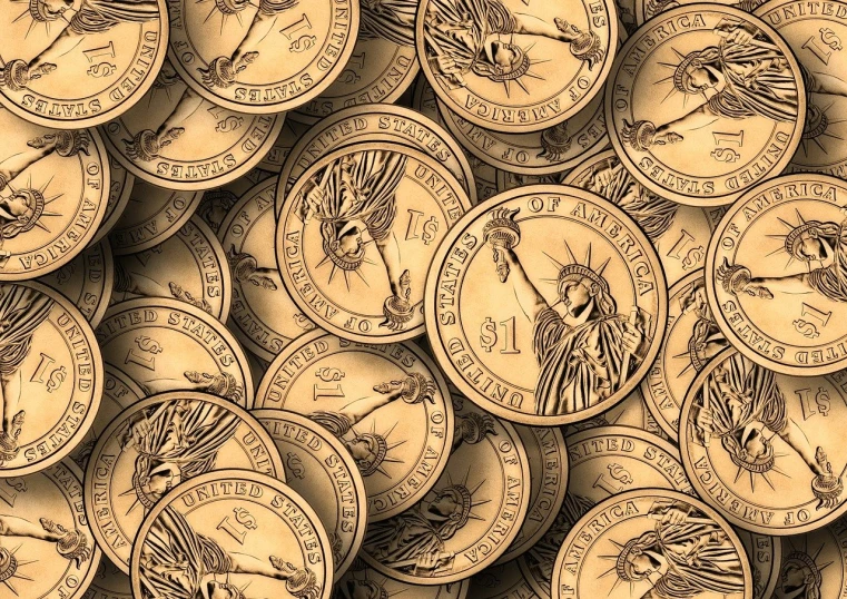 a pile of coins sitting on top of each other, a digital rendering, by Ben Zoeller, digital art, engraved texture, high detail product photo, usa-sep 20, goddess. extremely high detail