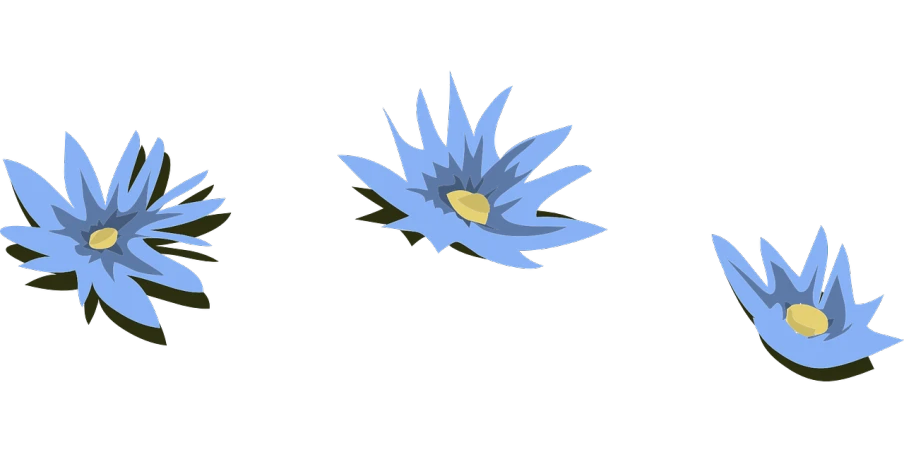 three blue flowers on a black background, a raytraced image, by Attila Meszlenyi, polycount, hurufiyya, disney 2d animation still, waterlily mecha nymphaea, some yellow and blue, zoomed out very far