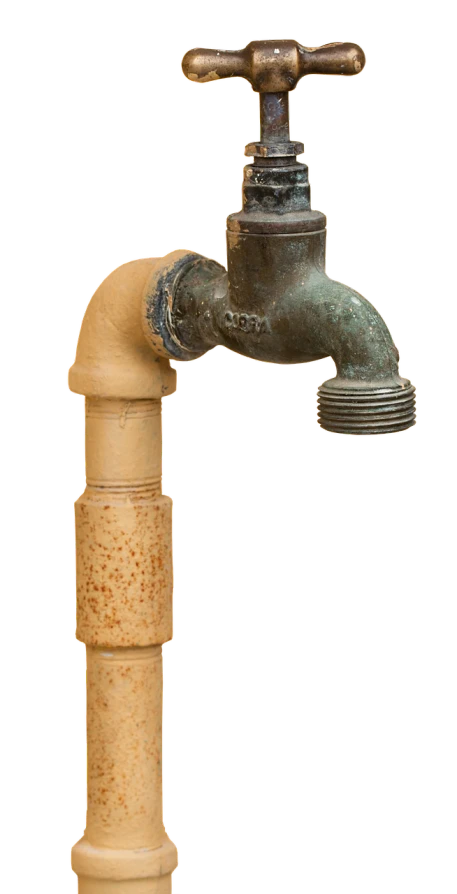 a close up of a faucet with water coming out of it, a portrait, by Joe Stefanelli, renaissance, many rusty joints, isolated, simple primitive tube shape, 1920s