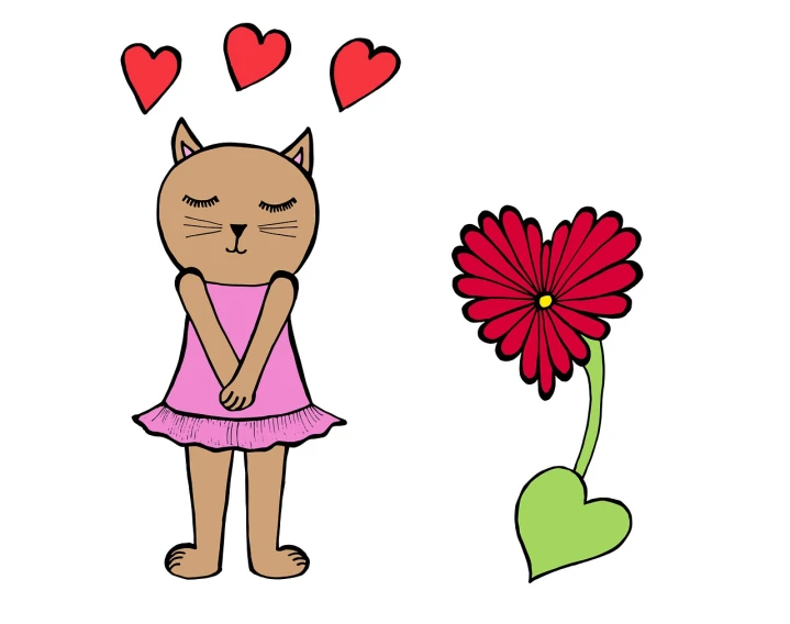 a cat in a dress standing next to a flower, an illustration of, naive art, love hate love, wikihow illustration, with closed eyes, catastrophe ballet