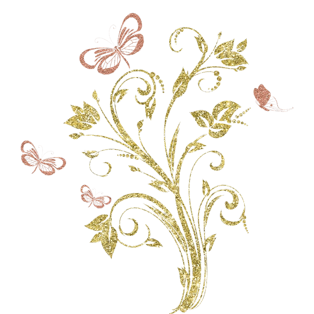 a gold and pink floral design on a black background, butterfly embroidery, glitter gif, golden curve composition, bouquet