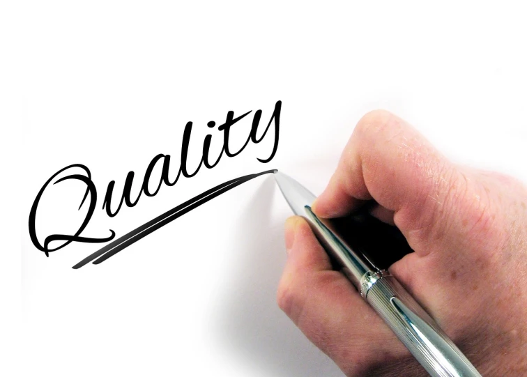 a hand writing the word quality with a pen, pixabay, true realistic image, superior quality, quartz, vhs quality