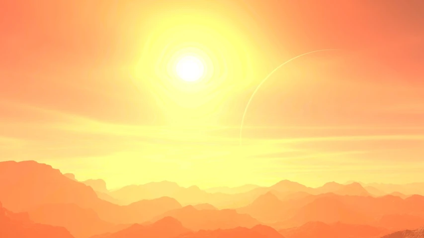 the sun is setting over a mountain range, a digital rendering, orange gas giant, background is heavenly, planet with rings, orange yellow ethereal